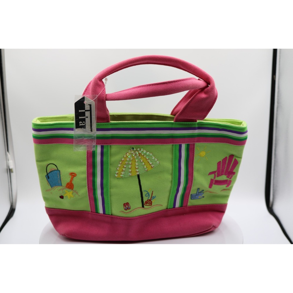 NEW Tila Tote Bag Womens Med Pink Green Beach Embroidered Canvas Summer Tote Bag